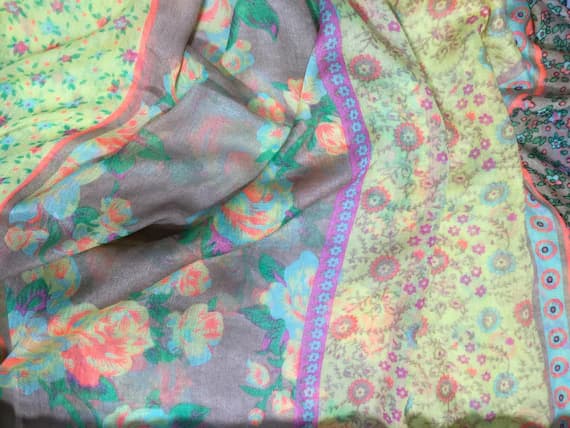 blue fabric - Orange Blue & Yellow Pink Floral Stripe - Polyester Gauze Voile Fabric