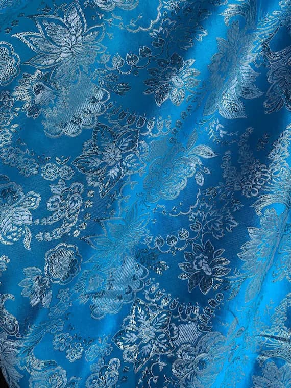 turquoise brocade fabric - Turquoise & Silver Floral - Faux Silk Brocade Jacquard Fabric
