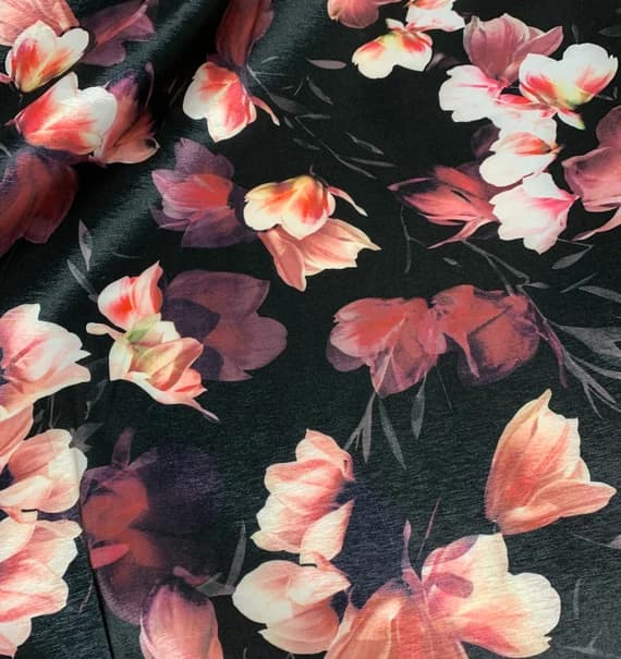 black taffeta fabric - Black & Pink Magnolia Floral - Stretch Polyester Taffeta Fabric
