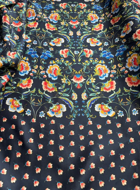 black twill fabric - Johnny Was Black with Bright Floral Border Print 100% Silk Twill Fabric