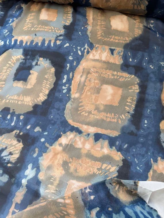 beige chiffon fabric - Blue & Beige Abstract Geometric Squares 100% Silk Chiffon Fabric