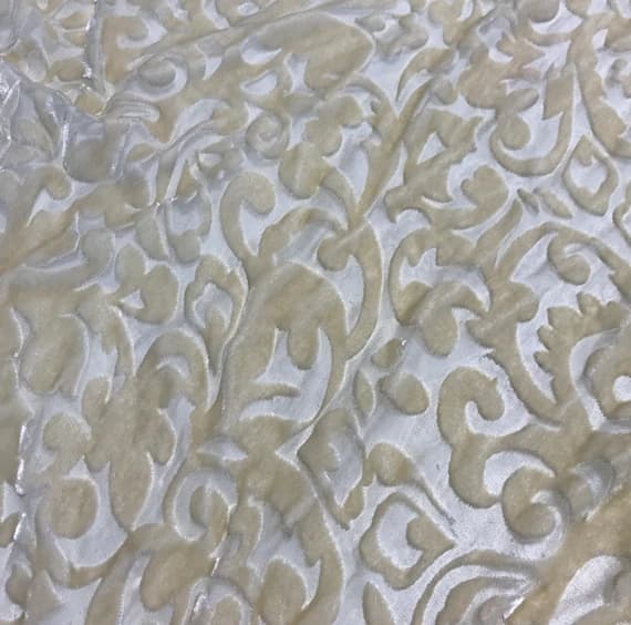 velvet fabric - Ecru Scroll - Hand Dyed Burnout Silk Velvet
