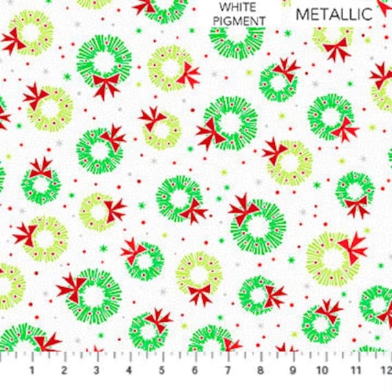 white cotton fabric - Mid Mod Wreaths on Winter White - Christmas Magic by Patrick Lose for Northcott Cotton Fabric
