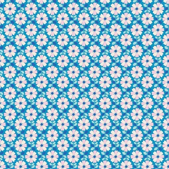 blue cotton fabric - Midsommar - Pink Flowers on Blue - Figo Cotton Fabrics
