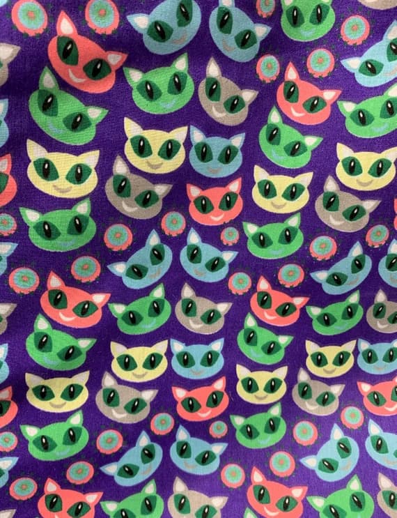 purple cotton fabric - Smiling Cats on Purple - Poly/Cotton Broadcloth Fabric
