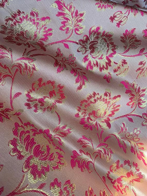 champagne brocade fabric - Champagne; Pink & Gold Floral - Faux Silk Brocade Jacquard Fabric