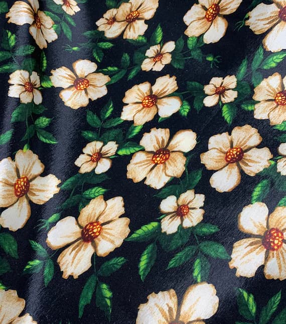 ivory taffeta fabric - Black Ivory Floral - Stretch Polyester Taffeta Fabric