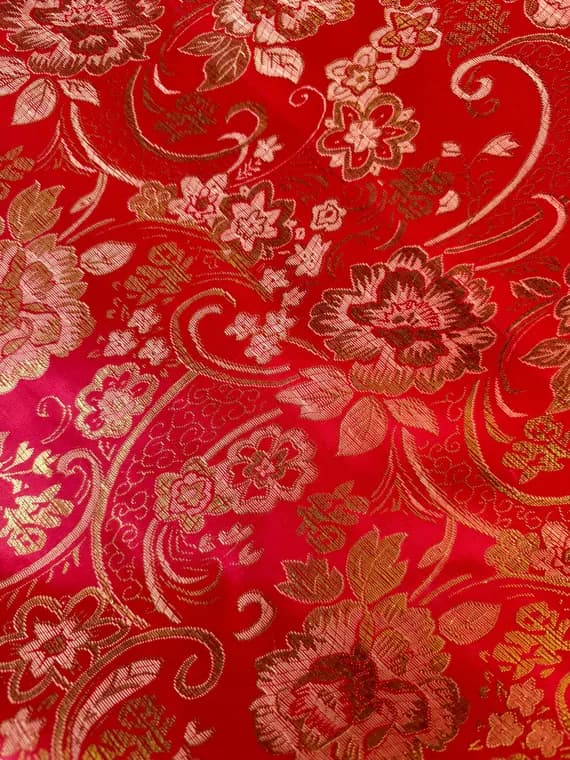 gold brocade fabric - Red & Gold Paisley Floral- Faux Silk Brocade Jacquard Fabric