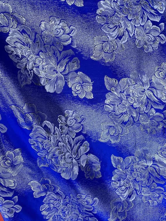 silver brocade fabric - Royal Blue & Silver Roses - Faux Silk Brocade Jacquard Fabric