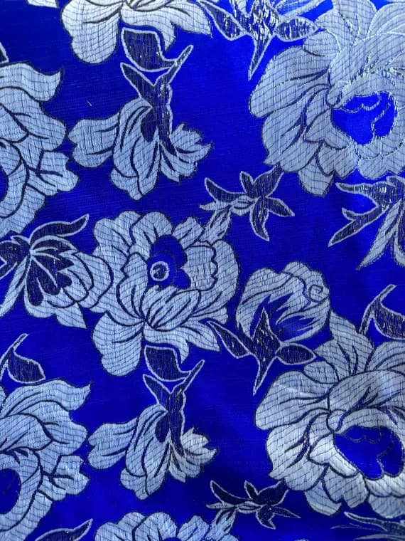 silver brocade fabric - Royal Blue with Silver Flowers - Faux Silk Brocade Jacquard Fabric