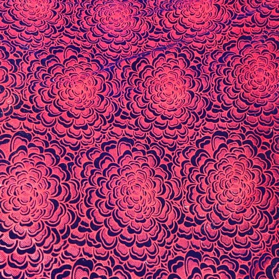 red velvet fabric - Blue on Red Mums - Stretch Polyester Flocked Velvet Fabric
