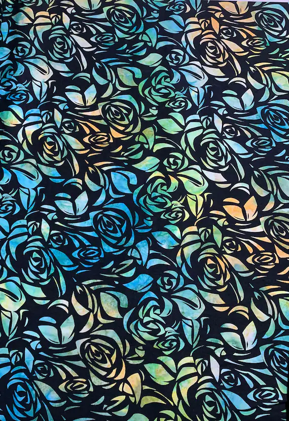 teal cotton fabric - Golden Teal Floral - Cubism Peachy Pine - Banyan Batiks Studio for Northcott Fabric