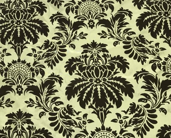 sage velvet fabric - Sage Green with Brown Small Damask - Flocked Velvet Faux Silk Taffeta Fabric