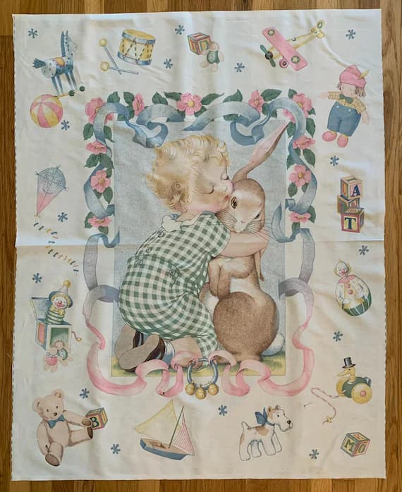 velvet fabric - Baby with Bunny; Velveteen Rabbit 35"x45" Vintage Panel Cotton Fabric