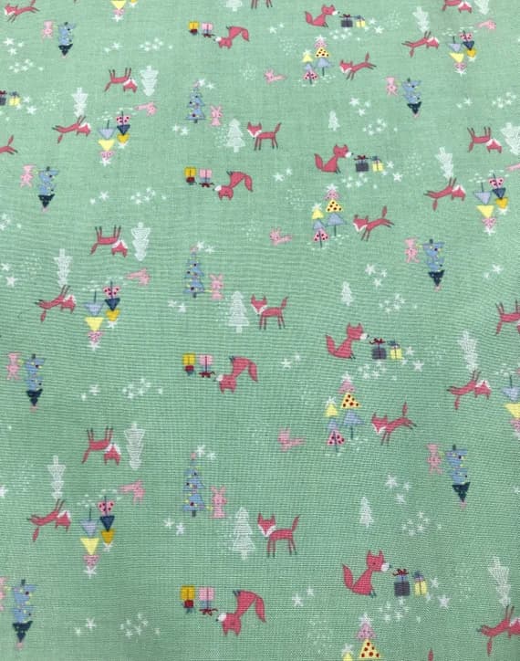 green cotton fabric - Winter Tales Foxes; Rabbits; and Presents Green - Riley Blake Cotton Fabric