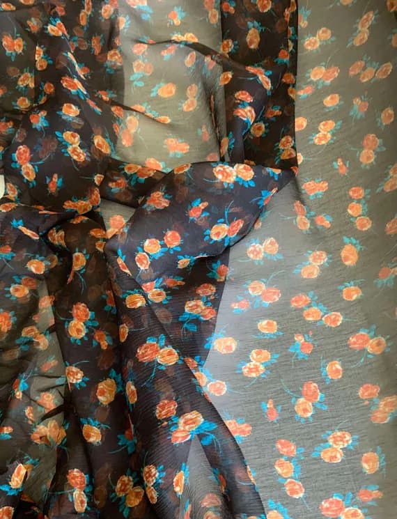 black chiffon fabric - Black with Little Roses Floral - Crinkle Silk Chiffon Fabric