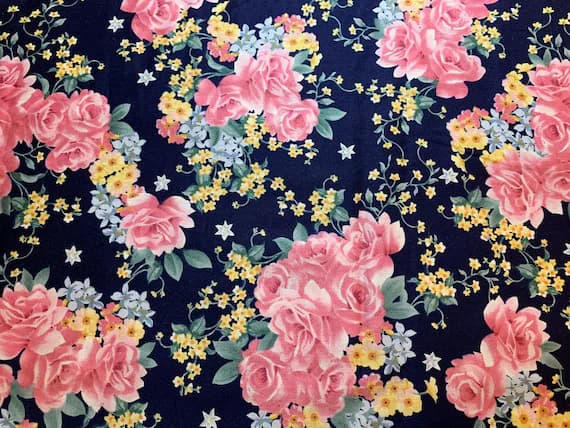 navy satin fabric - Navy Blue with Pink Roses Cotton Sateen Fabric Vintage 90's OOP Marcus Brothers