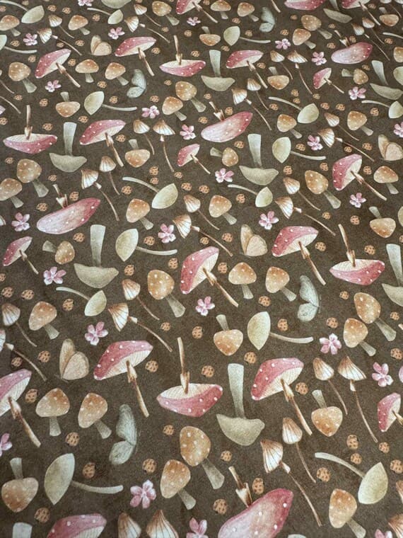 brown cotton fabric - Mushrooms on Brown - Garden Toss Nature's Nursery - Paintbrush Studio Cotton Fabric