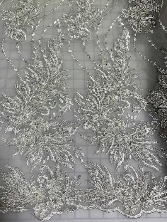 white lace - White Floral Bunches Beaded Embroidered Tulle Lace Fabric