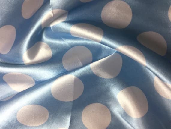 white charmeuse fabric - White on Light Blue Polka Dots - Faux Silk Charmeuse Satin Fabric