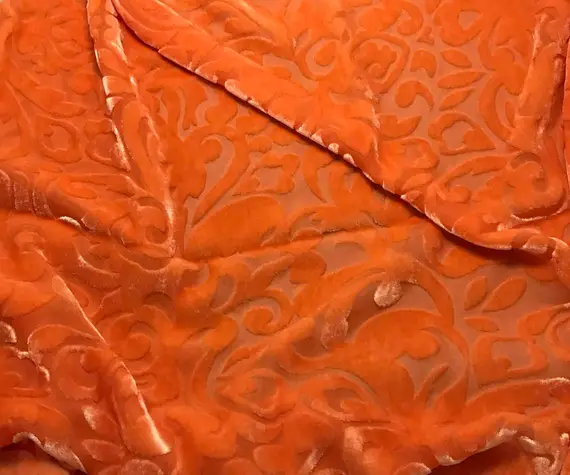 orange velvet fabric - Persimmon Orange Scroll - Hand Dyed Burnout Silk Velvet