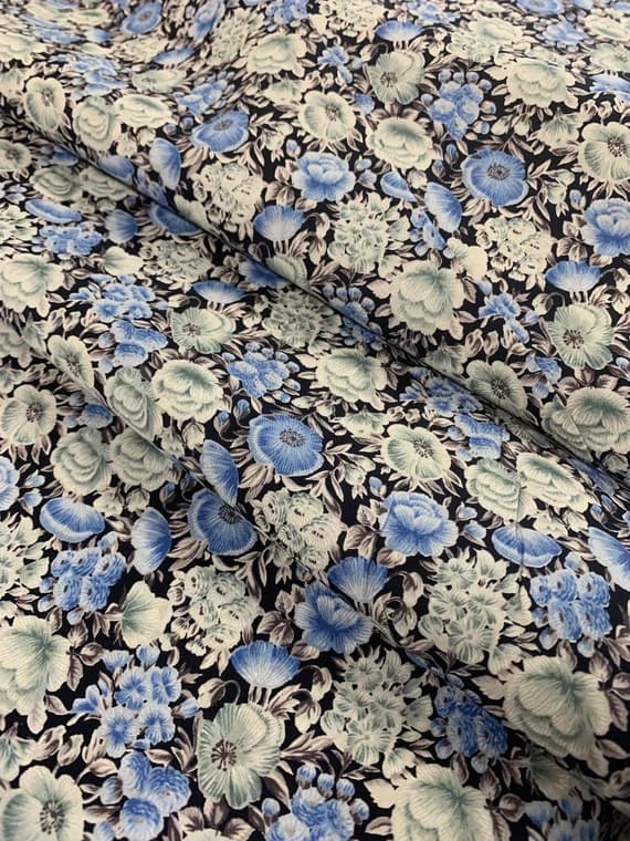 black cotton fabric - Blue on Black Poppy Floral Vintage OOP Stylecrest Cotton Lawn Fabric OOP