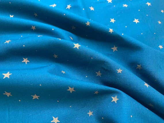 gold cotton fabric - Metallic Gold Celestial Stars Teal Blue Watercolor Cotton Fabric Vintage 90s OOP