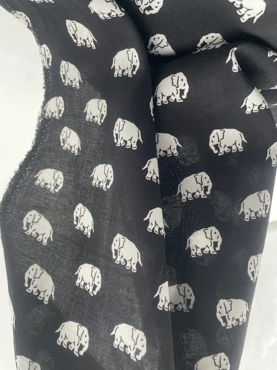black fabric - White Elephants on Black - 100% Rayon Challis Fabric
