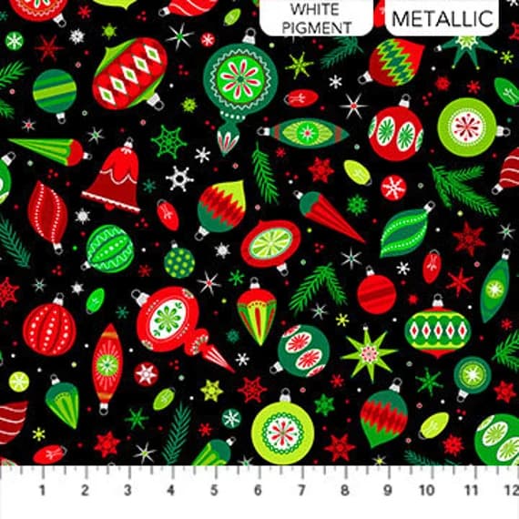 black cotton fabric - Baubles on Black - Christmas Magic by Patrick Lose for Northcott Cotton Fabric