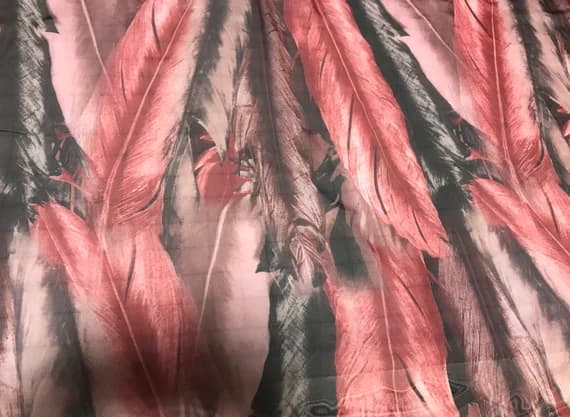 black chiffon fabric - Black Red Feathers - Polyester Chiffon Fabric