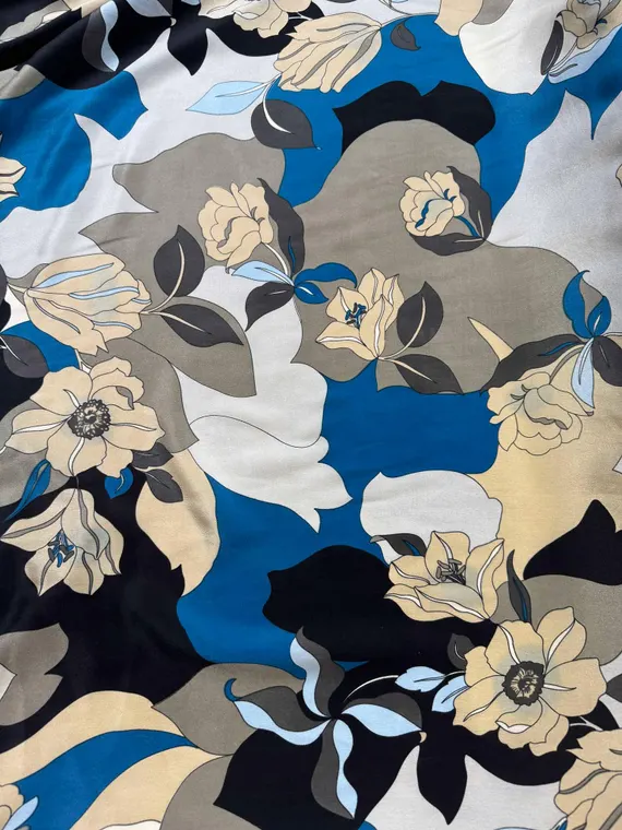 beige crepe fabric - Blue & Beige Retro Vintage Floral - 16mm Silk Crepe de Chine Fabric