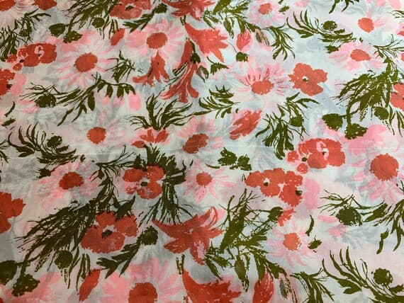 coral habotai fabric - 1/2 yard increments Coral Peach Daisies Floral Printed Vintage Silk Habotai Fabric