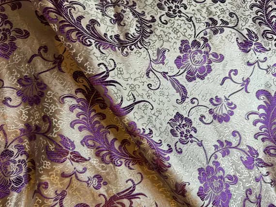 white brocade fabric - White with Purple Feather Floral - Silk Brocade Fabric