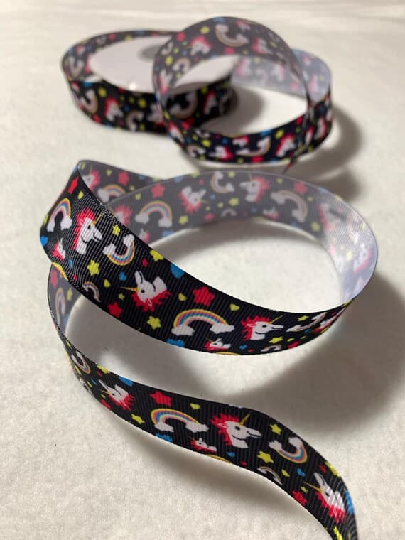 black none - Unicorns & Rainbows on Black Grosgrain Ribbon Trim 1"x 5 Yards