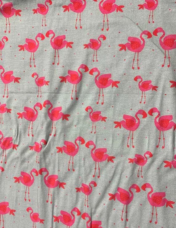 gray cotton fabric - Pink Flamingos on Gray - Avalana - Stof Fabrics - Jersey Cotton Knit
