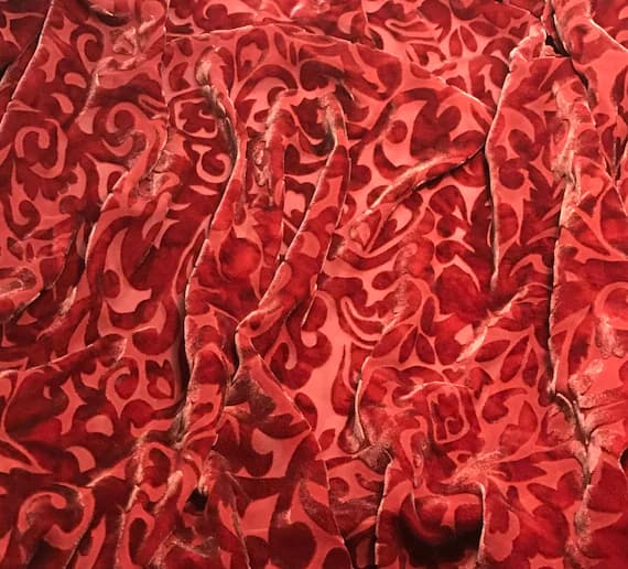rust velvet fabric - RUST RED SCROLL - Hand Dyed Burnout Silk Velvet