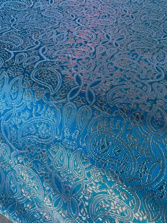 turquoise brocade fabric - Turquoise Blue & Silver Small Paisley - Faux Silk Brocade Jacquard Fabric