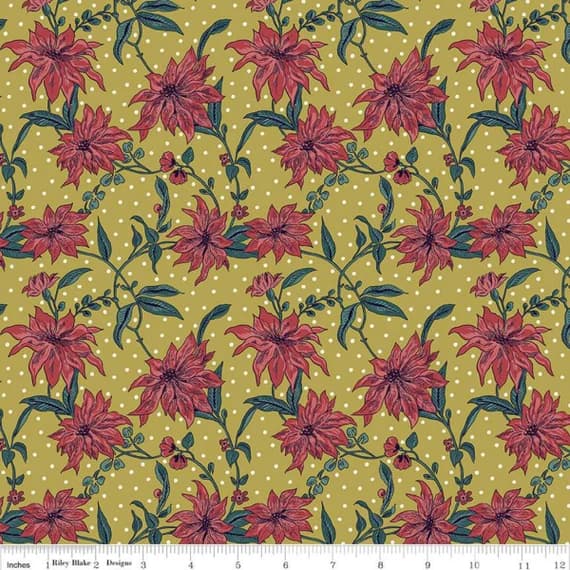 mustard cotton fabric - Season's Greetings Poinsettia Red/Mustard Liberty of London - Riley Blake Cotton Fabric