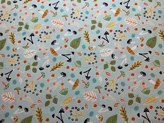 mint cotton fabric - Mushrooms & Leaves on Mint - Pygmy World - Cosmo Japan Cotton Sheeting Fabric