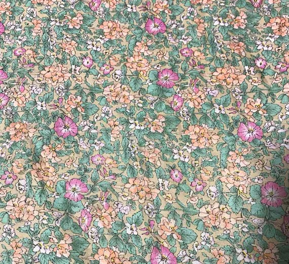 green cotton fabric - Green Orange & Pink Floral - Cotton Lawn Fabric