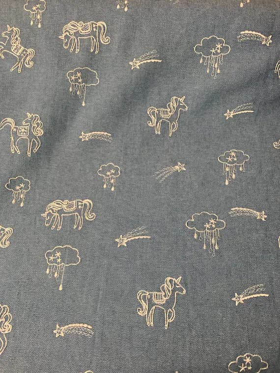 blue cotton fabric - Embroidered Unicorns on Blue Denim - Kokka Japan Cotton Oxford Fabric