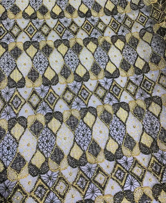 gold lace - Black & Gold Diamonds Geometric Lace - Schiffli Lace Fabric