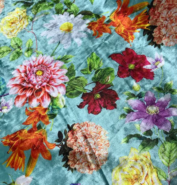 aqua velvet fabric - Aqua Multi Floral - Stretch Polyester Velvet Fabric