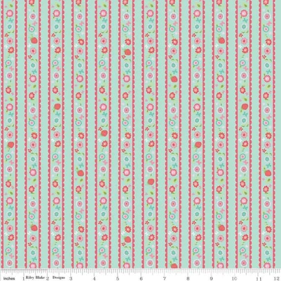 mint cotton fabric - Butterflies & Berries Stripe Mint - Riley Blake Cotton Fabric