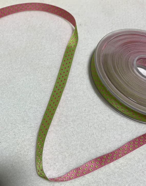 green none - Pink & Green Reversible Polka Dot Jacquard Ribbon Trim Made in France 3/8" wide