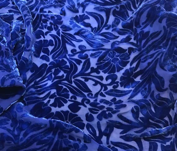 sapphire velvet fabric - Sapphire Blue Floral - Hand Dyed Burnout Silk Velvet