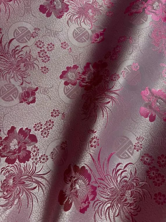 white brocade fabric - Pink on White Floral Medallions - Faux Silk Brocade Jacquard Fabric