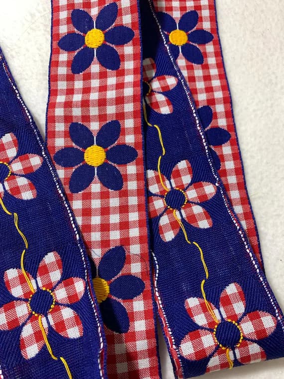 red none - Vintage Red & Blue Gingham Daisy Floral Jacquard Ribbon 2-1/4" wide