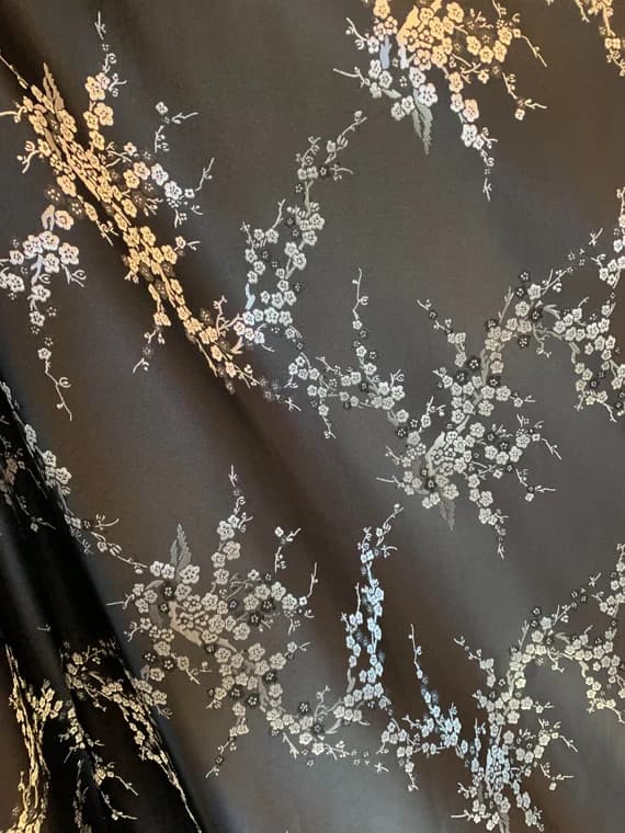 silver brocade fabric - Black & Silver Cherry Blossoms Floral - Faux Silk Brocade Jacquard Fabric