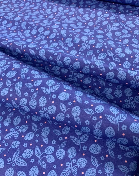 blue cotton fabric - Dark Blue Strawberries - Berries & Blossoms - Paintbrush Studio Cotton Fabric